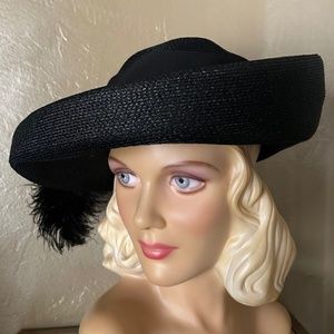OUTSTANDING 1940s' WIDE BRIM BLACK STRAW HAT WITH LARGE OSTRICH FEATHER